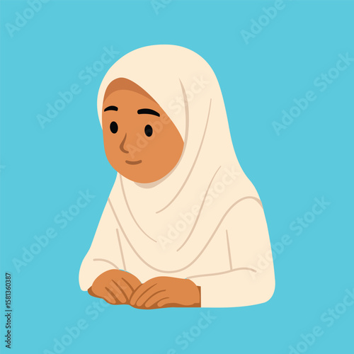 This illustration depicts a girl wearing a cream-colored hijab against a blue background, sitting and gazing calmly ahead. The simple cartoon style is suitable for educational and religious content.