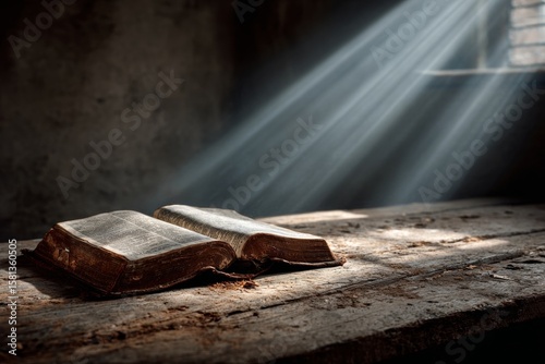 Radiant wisdom: sunlight gracing the open bible. Tech and faith. How true belief transcends mere biblical familiarity. Digital church. Faith journey.