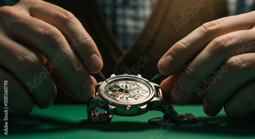 Close-up of skilled hands meticulously assembling a complex mechanical wristwatch, showcasing intricate gears and precision craftsmanship on a green surface.