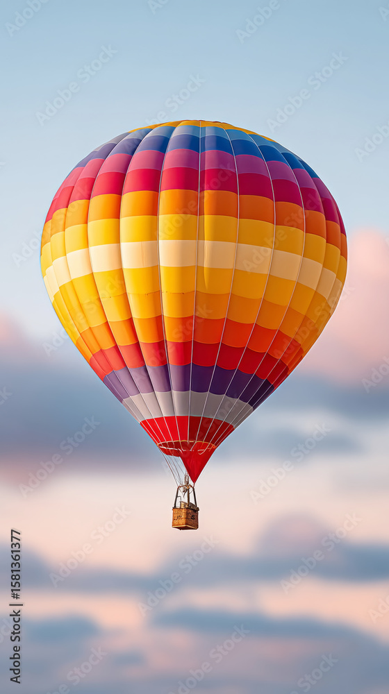 Fototapeta premium Vibrant multicolored hot air balloon floating against a serene sky