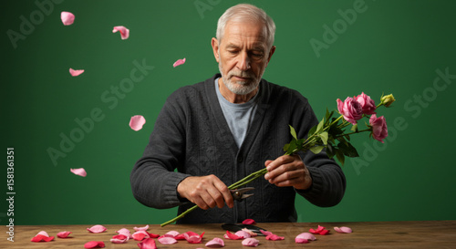 An elderly man with a beard carefully arranging a bouquet of pink roses, with scattered petals around him.