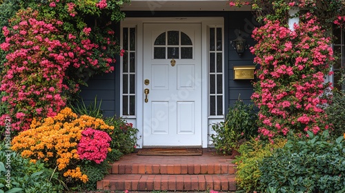 White Front Door with Brick Steps and Blooming Azaleas