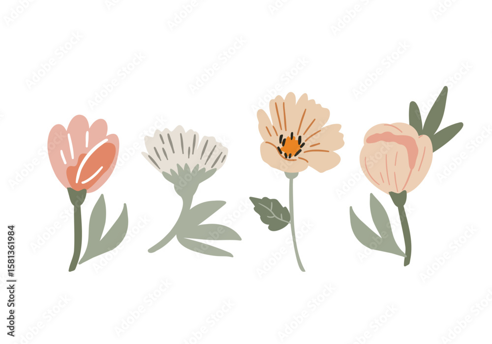 Obraz premium Floral botanical set of hand drawn flowers in pastel colors. Vector illustration for design, flat style.
