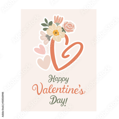 Romantic Valentine's Day card with stylized heart decorated with flowers and the inscription "Happy Valentine's Day!". Flat vector illustration