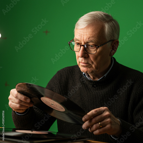 An elderly man with glasses thoughtfully examines a vinyl record in his hands, against a vibrant green backdrop.