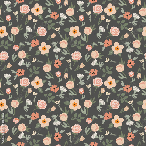 Seamless botanical pattern with abstract pastel flowers on dark background. Flat vector illustration.