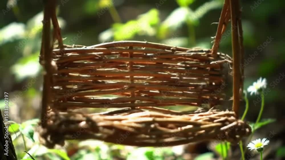 Woven wicker basket close-up with natural wooden texture in sunlight
