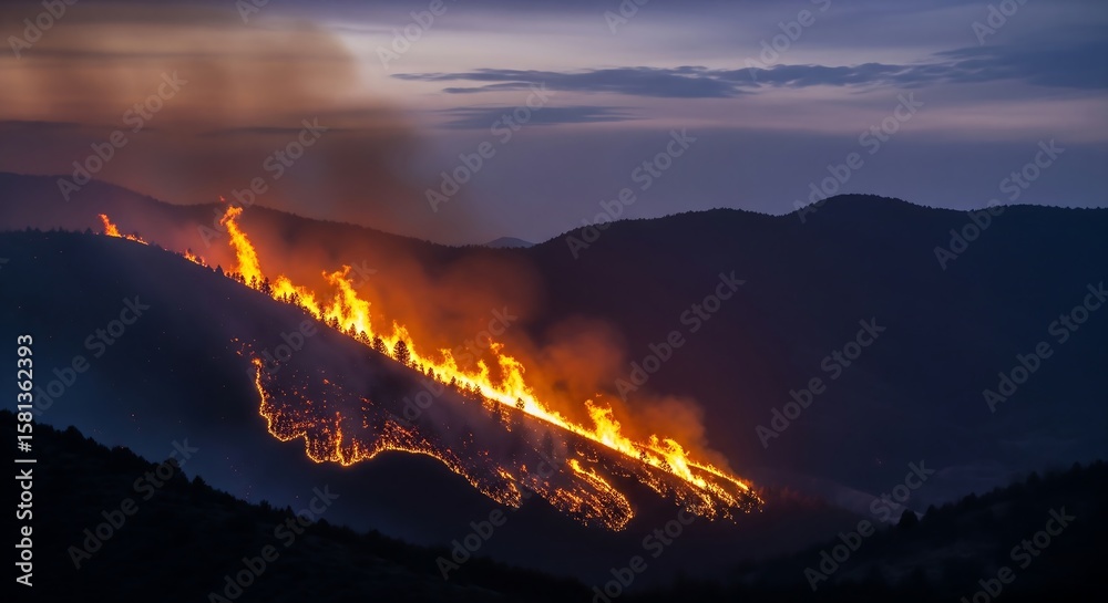 Fototapeta premium A wildfire engulfs a mountainside at dusk, creating a dramatic scene of intense flames and billowing smoke against a darkening sky. The fire's path is clearly visible, snaking along the slop