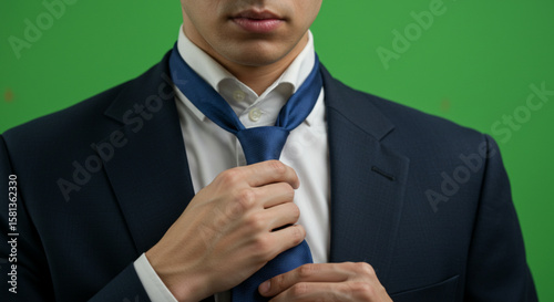 A man in a dark suit and white shirt meticulously adjusts his blue necktie, preparing for a professional or formal event.