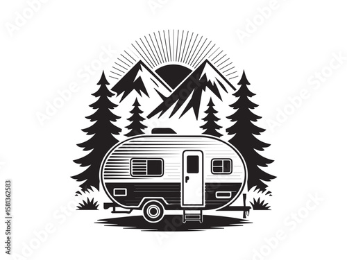 hand drawn style camper van in forest with mountains sun rays and outdoor adventure theme vector illustration