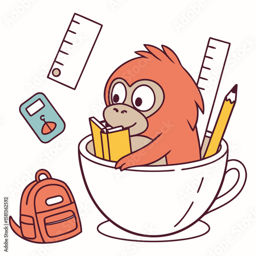 Whimsical Sumatran Orangutan feeling Funny in a Back to school setting with in a teacup – colored in Chalkboard Fun
