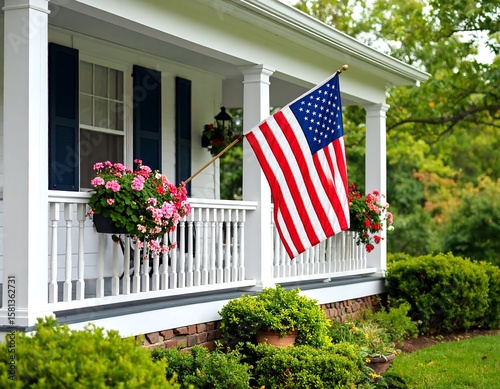 American flag on a porch.  Tranquil house exterior