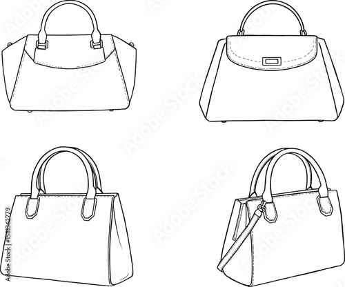 Technical sketch of women’s handbags with flap closures, structured bodies, varied silhouettes, short handles, shoulder strap option, fashion illustration, accessory design blueprint, layout mockup