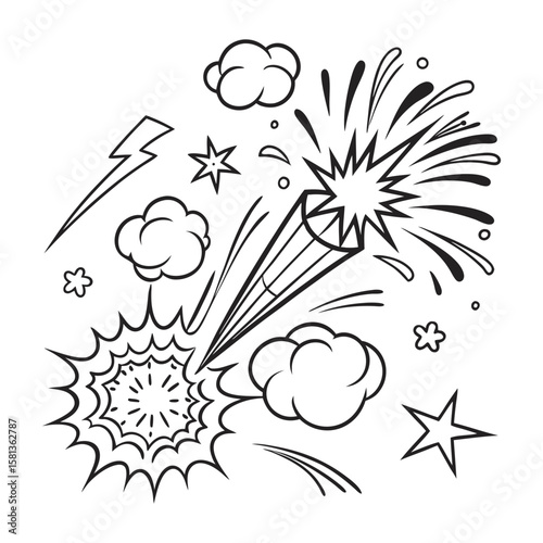 Explosive comic book effects with stars and clouds