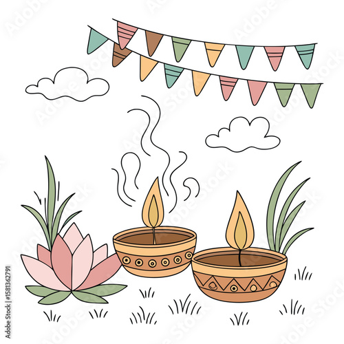 Festive Bunting Over Lit Diyas and Lotus flags clouds