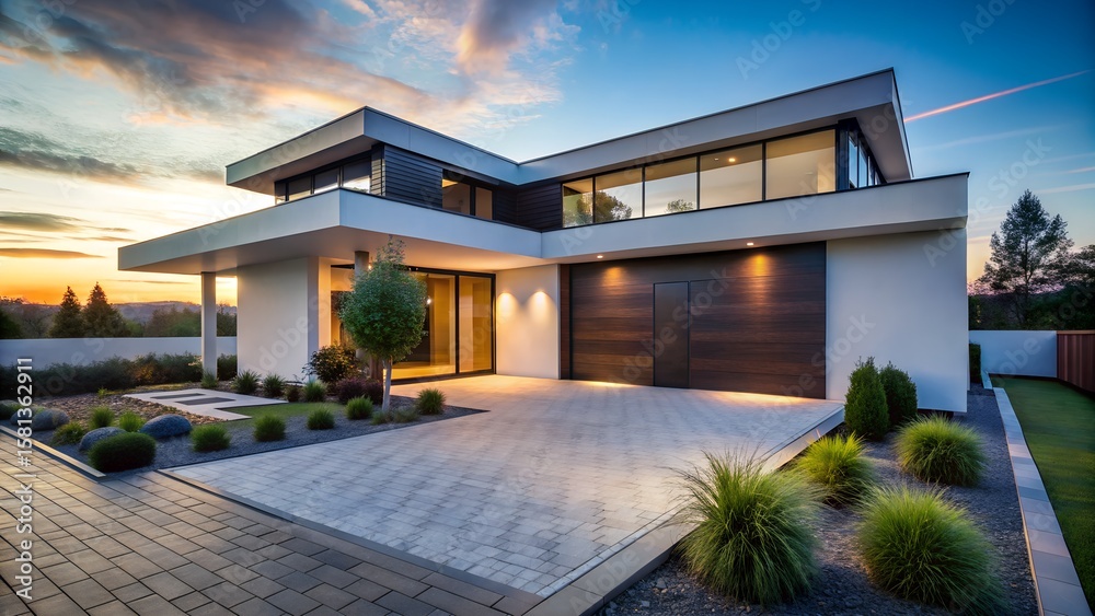 Obraz premium Modern House Exterior at Sunset with Landscaping