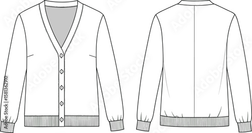 Front and back sketch of women’s cardigan sweater with V-neckline, button placket, ribbed hem and cuffs, long sleeves, garment blueprint, fashion construction layout