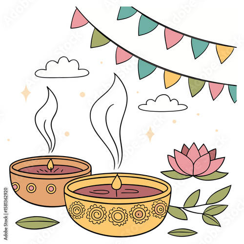 Festive diyas and lotus flower candles flames