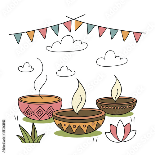Festive diyas and bunting flames oil lamps