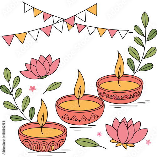 Festive diyas and lotus flowers greenery bunting