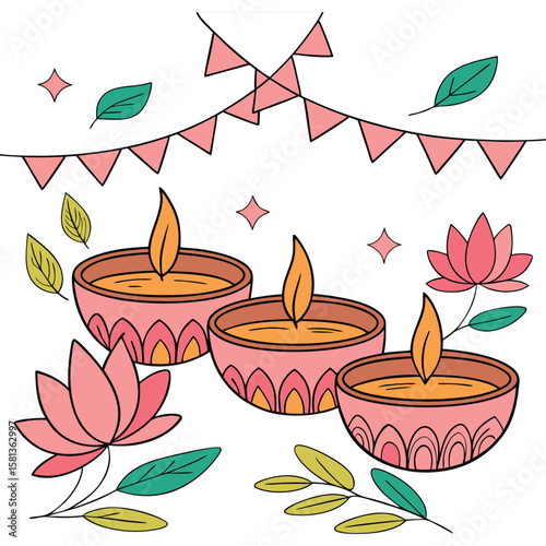 Festive diyas and lotus flowers leaves bunting