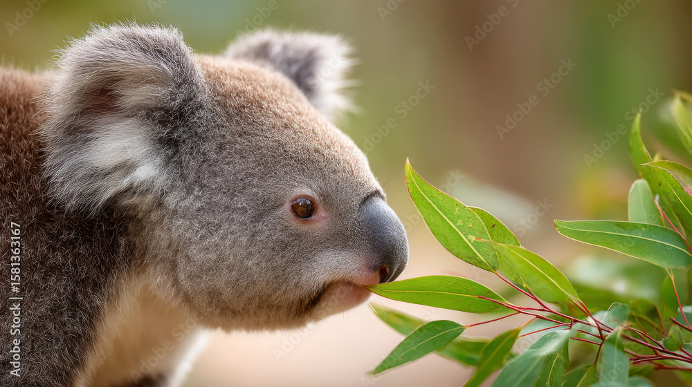 Obraz premium Koala sniffing eucalyptus leaves in extreme close-up for nature decor
