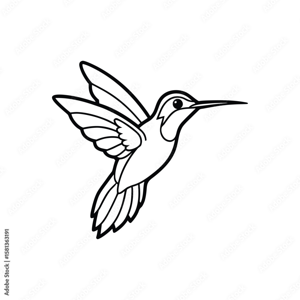 Fototapeta premium Minimalist single line art of a flying hummingbird, one continuous black line on a white background, elegant wings spread, smooth contours, vector silhouette style for tattoo or design use
