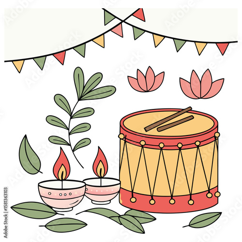 Festive Drum With Candles And Bunting sticks flames