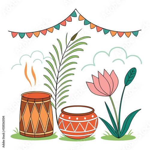 Festive drums and blooming flower plant leaves
