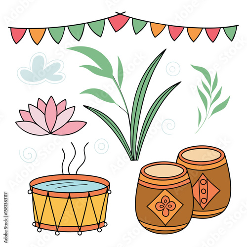 Festive Drums Lotus Flowers and Bunting plant leaves