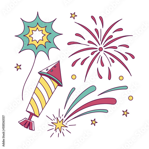 Festive fireworks and sparkling stars celebration explosion