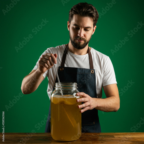 Man tending fireplace with shovel, green screen backdrop for cozy interior scene in home, domestic life with focus on warmth and hearth.