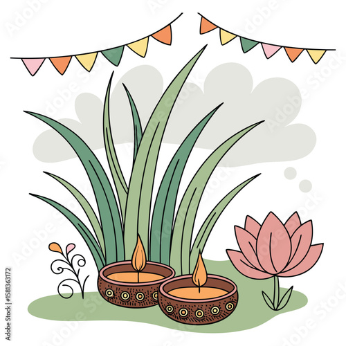 Festive floral scene with lit lamps diwali lotus