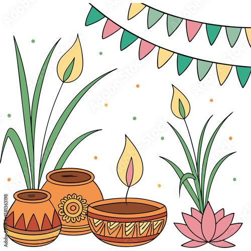 Festive pots with flames and flowers lotus