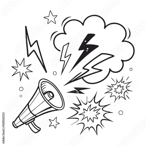 Megaphone announcement with lightning and stars sound