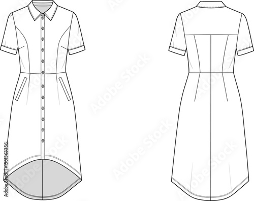 Technical flat sketch of women's dress with button-down front, collar, pockets, curved hemline, yoke details, front and back fashion illustration, garment construction blueprint