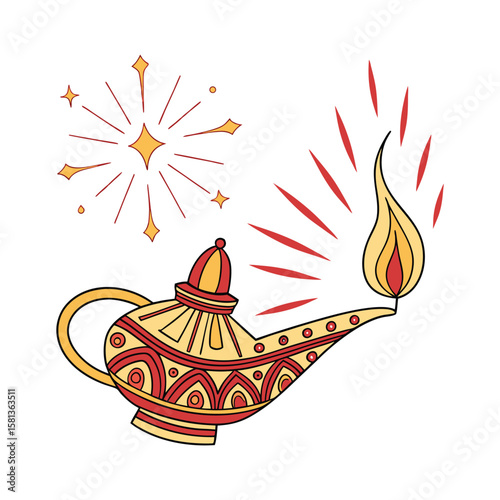 Ornate lamp with flame and sparks magic lamp genie lamp