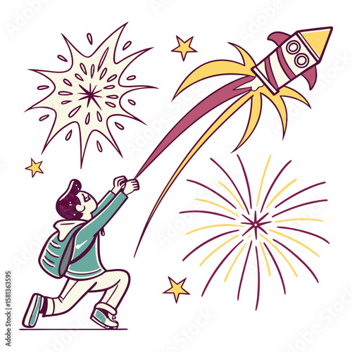 Person launching rocket with fireworks stars