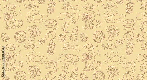 Beach summer pattern. Sea seamless bg. Crayon element background with palm, sun, watermelon, straw hat, flower, shell, rainbow. Kid boho abstract travel seamless pattern. Crayon child summer sea beach