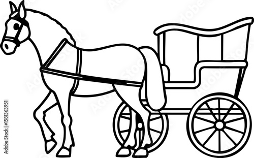 Horse carriage line art with detailed harness and wheels, classic transportation design with elegant and simple black outline style