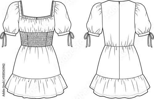 Puff sleeve dress fashion vector template, square neckline sketch, smocked bodice design, gathered skirt, ruffled hem mockup, garment construction illustration, front back views