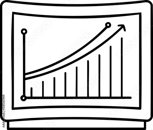Black line art of rising bar chart with upward arrow on curved screen, symbolizing growth and progress