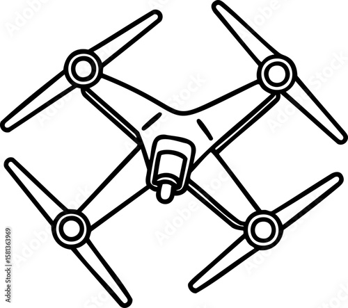 Drone with four propellers and camera in line art style, technology device for aerial photography and videography
