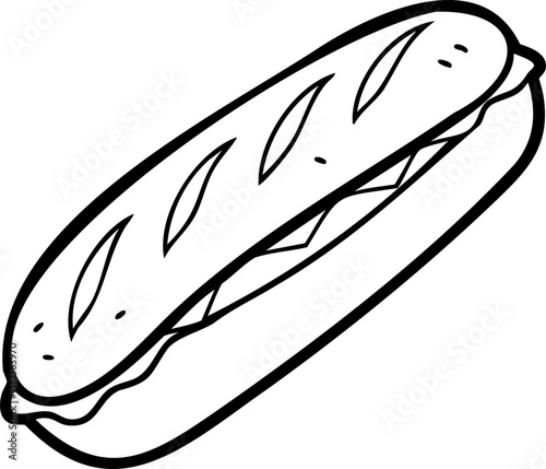 Hot dog sandwich with sausage and bun in simple line art style, appetizing and classic fast food illustration