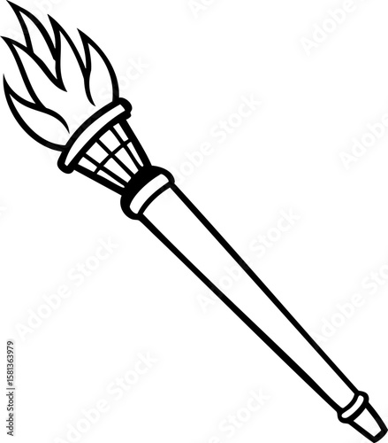 Flaming torch with long handle and stylized flame, simple black line art design conveying light and energy