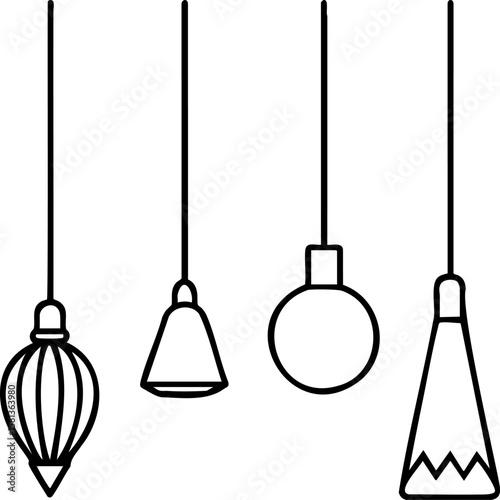 Hanging pendant light fixtures with various geometric shapes in simple line art style, creating modern and elegant atmosphere