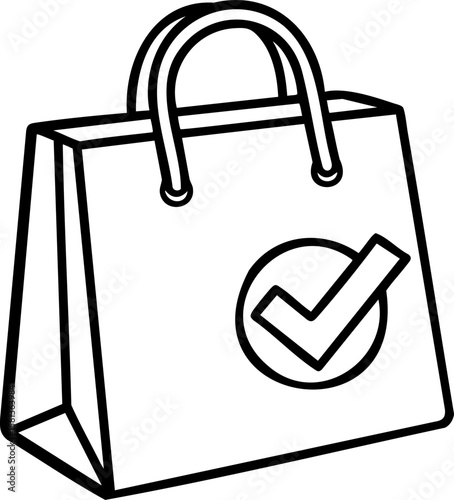 Shopping bag with check mark symbol, simple line art design representing approved purchase or quality assurance