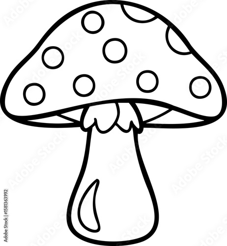 Mushroom with spotted cap and thick stem line art drawing, simple nature illustration with organic shape and smooth curves