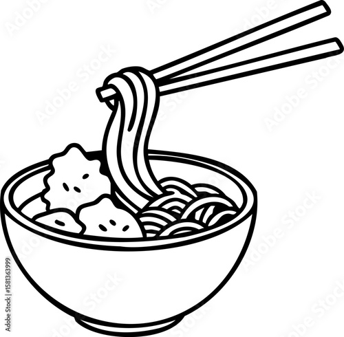 Noodle bowl with chopsticks lifting noodles and pieces of food inside, simple line art style illustration