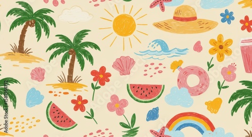 Beach summer pattern. Sea seamless bg. Crayon element background with palm, sun, watermelon, straw hat, flower, shell, rainbow. Kid boho abstract travel seamless pattern. Crayon child summer sea beach